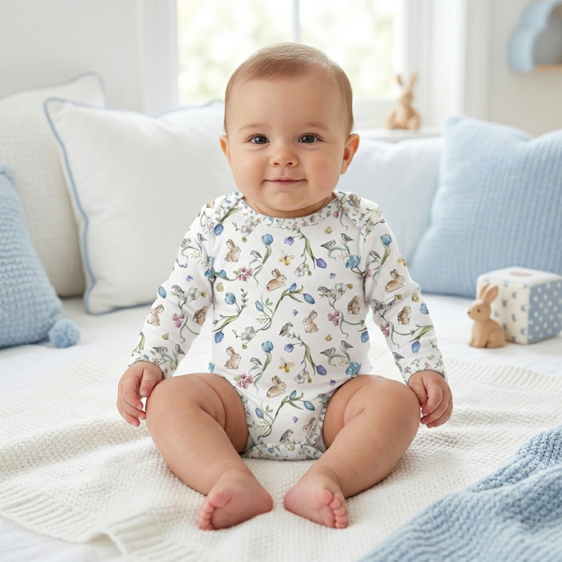 Printed Long-Sleeved Bodyvest for Babies BLS001  BLOSSOM BLUE