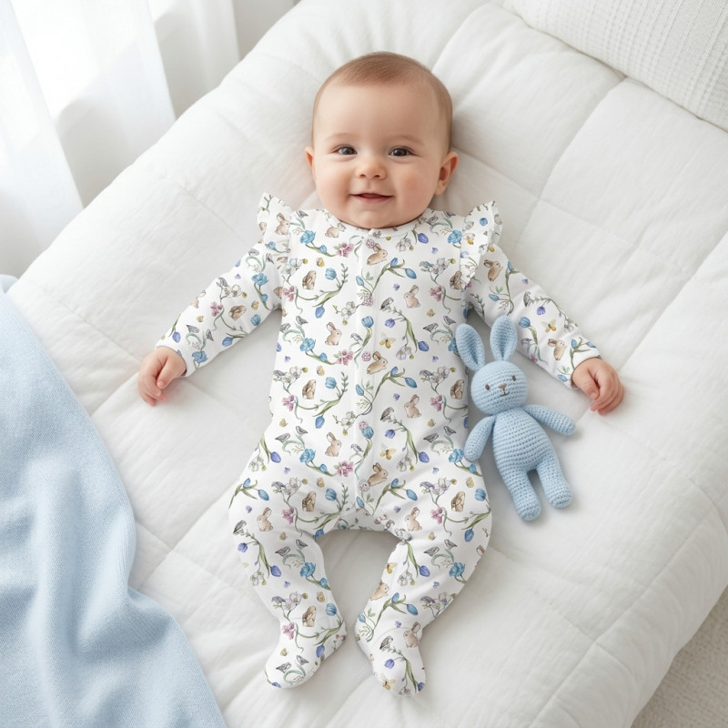 Babygrow with ruffles 100% pima cotton K065 BLOSSOM BLUE Babygrow with ruffles 100% pima cotton K065 BLOSSOM BLUE