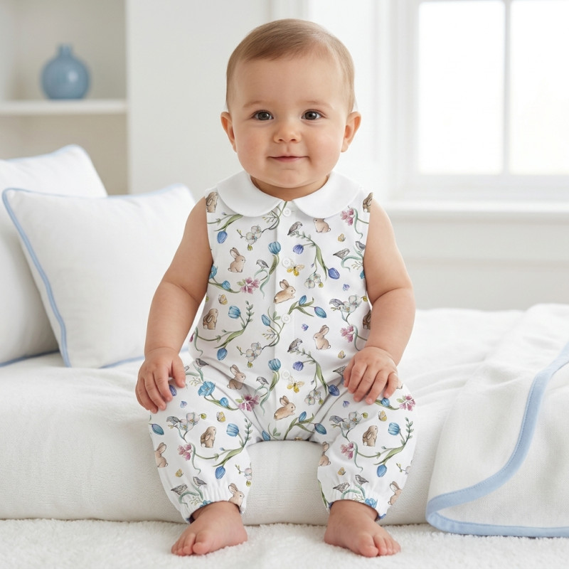 Long Supima Cotton Shortie with Sleeves and Collar R009CL BLOSSOM BLUE Long Supima Cotton Shortie with Sleeves and Collar R009CL BLOSSOM BLUE