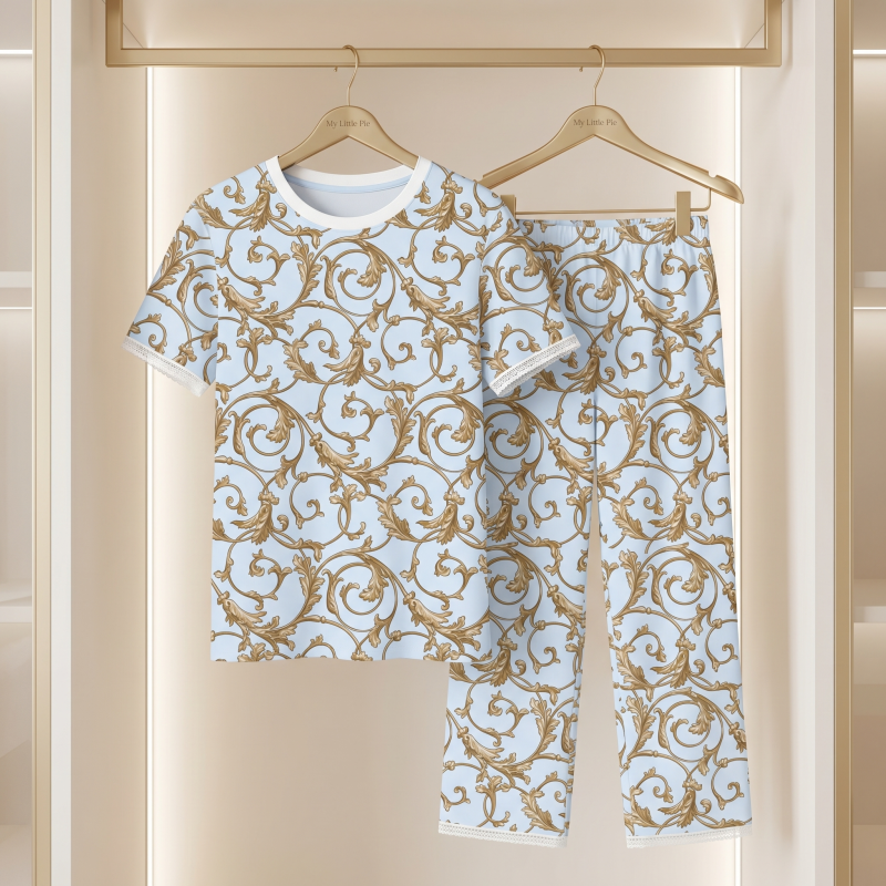 Elegant Set with Short-Sleeve T-Shirt and Straight-Leg Pants 100% Supima Cottons PW104 ALLURE BLUE Elegant Set with Short-Sleeve T-Shirt and Straight-Leg Pants 100% Supima Cottons PW104 ALLURE BLUE
