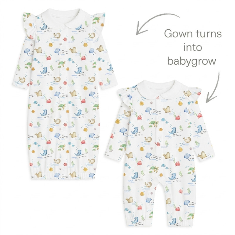 Baby converter gown with collar TR003 MARINE LIFE