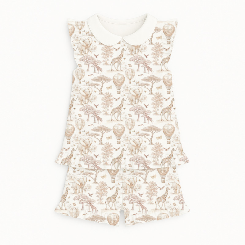 Short Supima Cotton Pyjamas with Ruffles and Collar– PJ007CL Sand Toile Africa Short Supima Cotton Pyjamas with Ruffles and Collar– PJ007CL Sand Toile Africa
