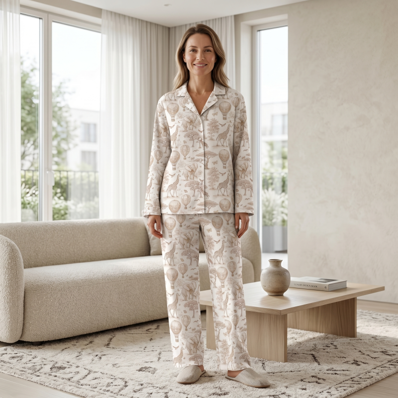 Women’s Classic Pajama Set with classic English collar and front-button design Sand Toile Africaqa PW122 Women’s Classic Pajama Set with classic English collar and front-button design Sand Toile Africaqa PW122