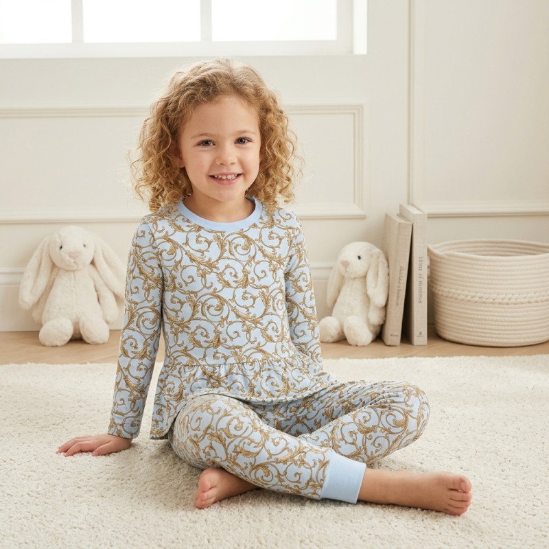 Girls Supima Cotton Pyjamas with Long Sleeves — PJ009 Allure Blue Girls Supima Cotton Pyjamas with Long Sleeves — PJ009 Allure Blue