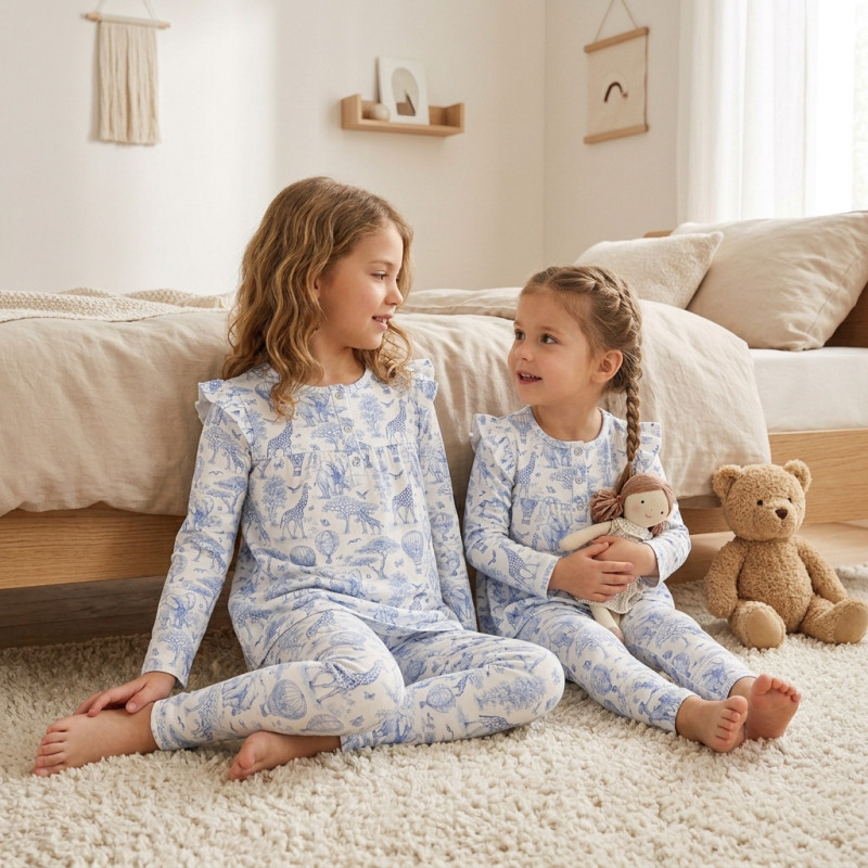 Yoke Girls Pyjama long sleeve 100% organic Cotton PJ029 BLUE TOILE AFRICA