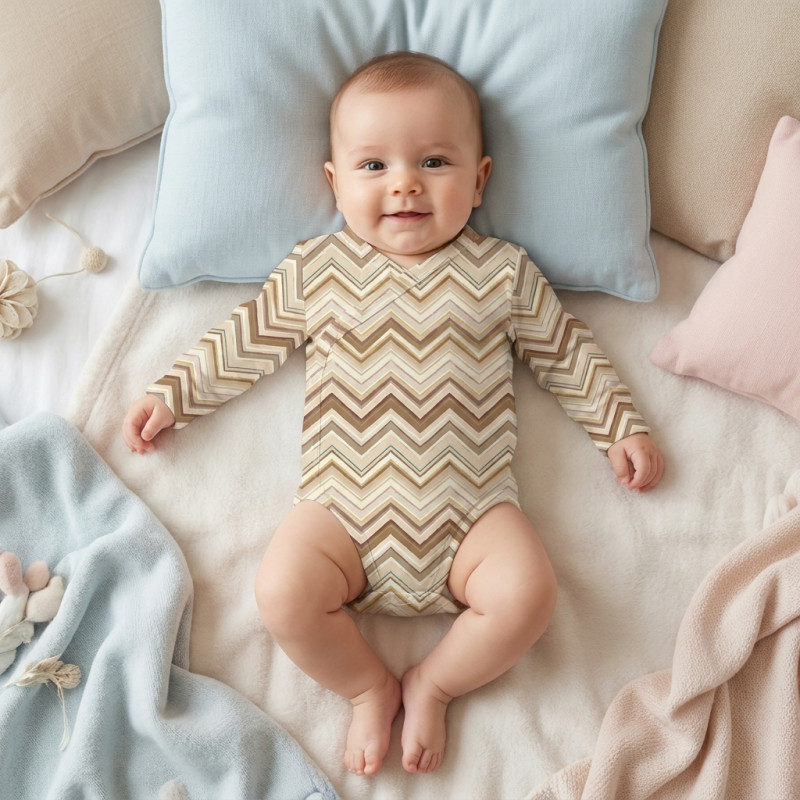 Printed Long-Sleeve Kimono Bodyvest for Babies BLS004 ZIG ZAG BROWN Printed Long-Sleeve Kimono Bodyvest for Babies BLS004 ZIG ZAG BROWN