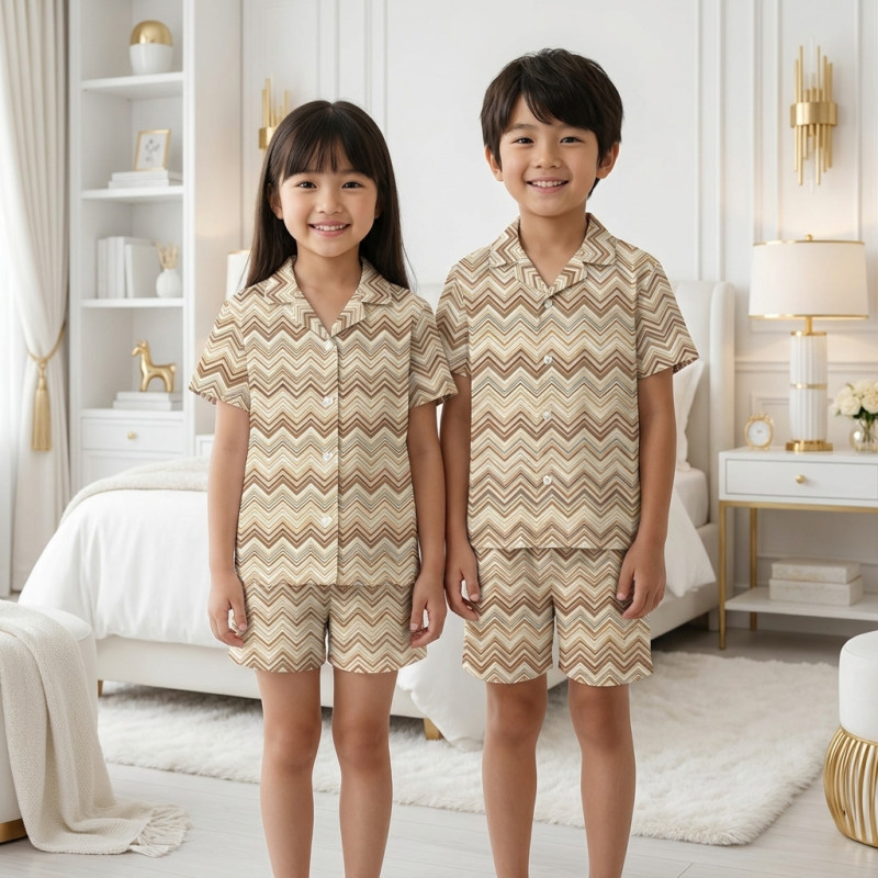 Children’s Pajama Set with Short Sleeves and Shorts PJ023 ZIG ZAG BROWN