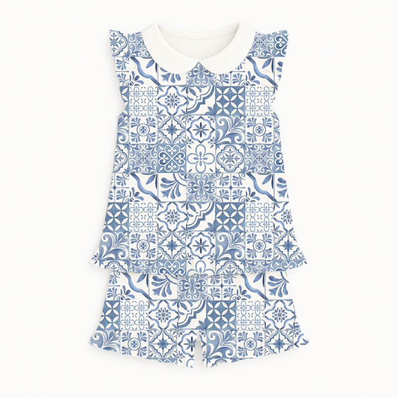 Short Supima Cotton Pyjamas with Ruffles and Collar– PJ007CL AMALFI BLUE Short Supima Cotton Pyjamas with Ruffles and Collar– PJ007CL AMALFI BLUE