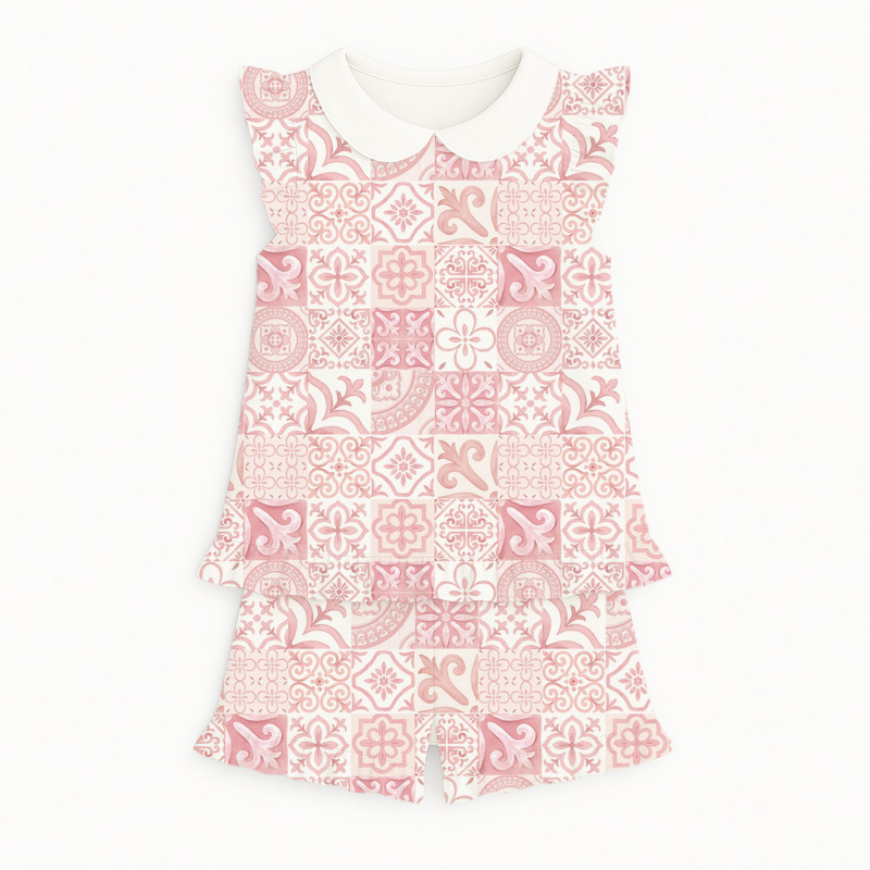 Short Supima Cotton Pyjamas with Ruffles and Collar– PJ007CL AMALFI PINK Short Supima Cotton Pyjamas with Ruffles and Collar– PJ007CL AMALFI PINK