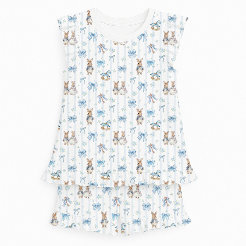 Short Supima Cotton Pyjamas with Ruffles – PJ007 LULU BLUE Short Supima Cotton Pyjamas with Ruffles – PJ007 LULU BLUE