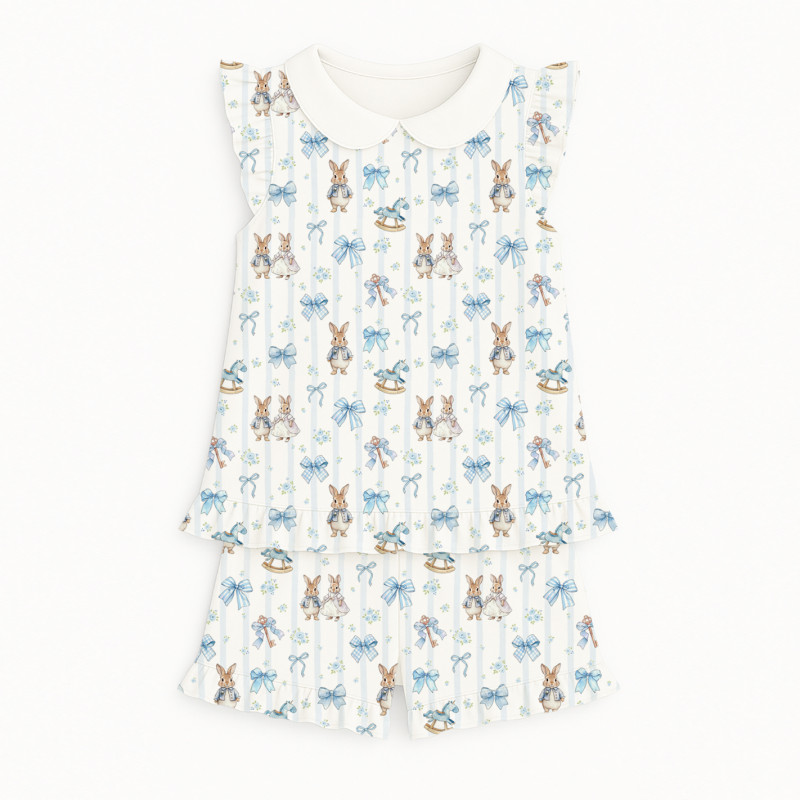 Short Supima Cotton Pyjamas with Ruffles and Collar– PJ007CL LULU BLUE
