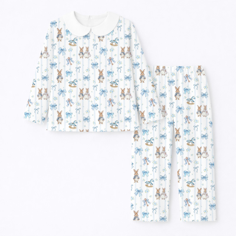 Pyjama long sleeve with collar 100% organic pima Cotton PJ020 LULU BLUE