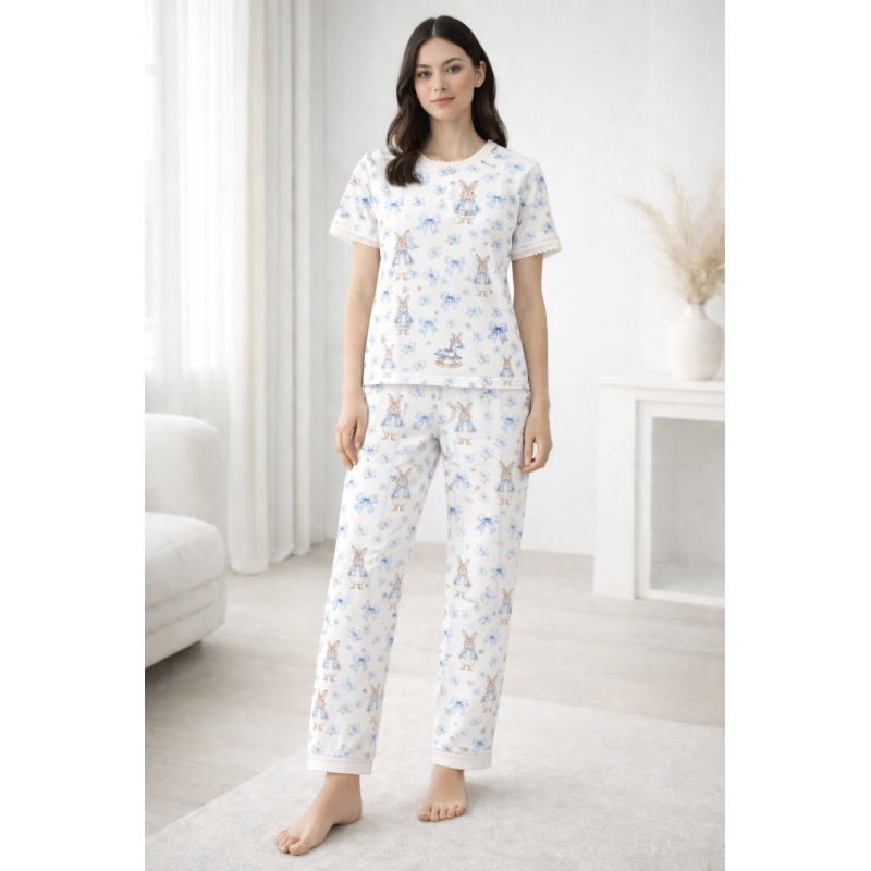 Elegant Set with Short-Sleeve T-Shirt and Straight-Leg Pants  100% Supima Cottons PW104  LULU BLUE