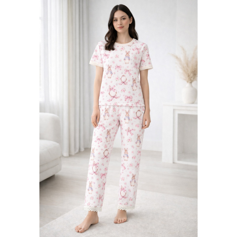 Elegant Set with Short-Sleeve T-Shirt and Straight-Leg Pants 100% Supima Cottons PW104 LULU PINK Elegant Set with Short-Sleeve T-Shirt and Straight-Leg Pants 100% Supima Cottons PW104 LULU PINK