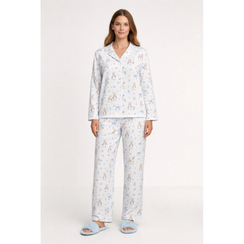Women’s Classic Pajama Set with classic English collar and front-button design LULU BLUEqa PW122