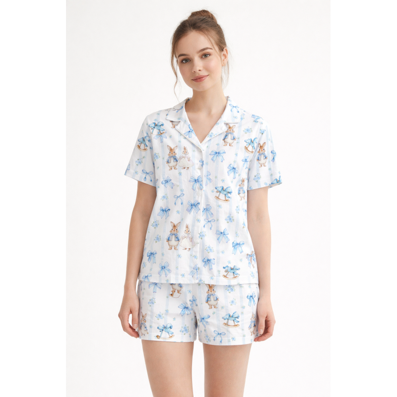 Women’s Classic Pajama Set with classic English collar and front-button design LULU BLUEqa PW123