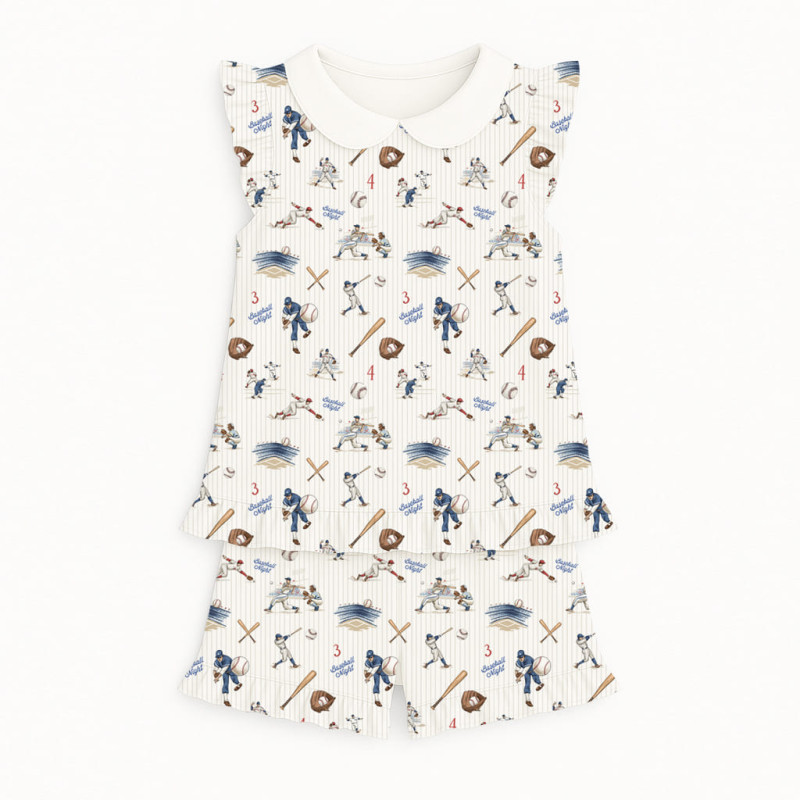Short Supima Cotton Pyjamas with Ruffles and Collar– PJ007 BASEBALL Short Supima Cotton Pyjamas with Ruffles and Collar– PJ007 BASEBALL