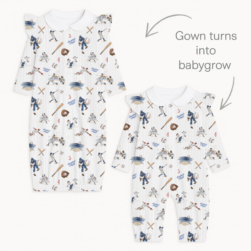 Baby converter gown with collar and ruffles TR004 BASEBALL Baby converter gown with collar and ruffles TR004 BASEBALL