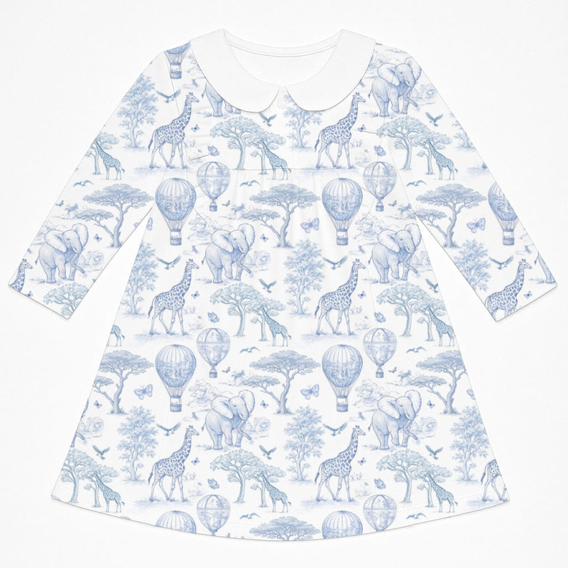 Charming Long-Sleeved Dress with Ruffles and Collar DR016CL BLUE TOILE AFRICA Charming Long-Sleeved Dress with Ruffles and Collar DR016CL BLUE TOILE AFRICA