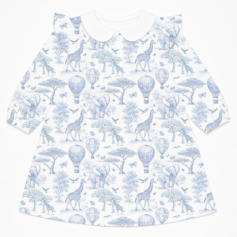 Очаровательное платье с рюшами, воротником и длинным рукавом – DR017CL BLUE TOILE AFRICA Очаровательное платье с рюшами, воротником и длинным рукавом – DR017CL BLUE TOILE AFRICA