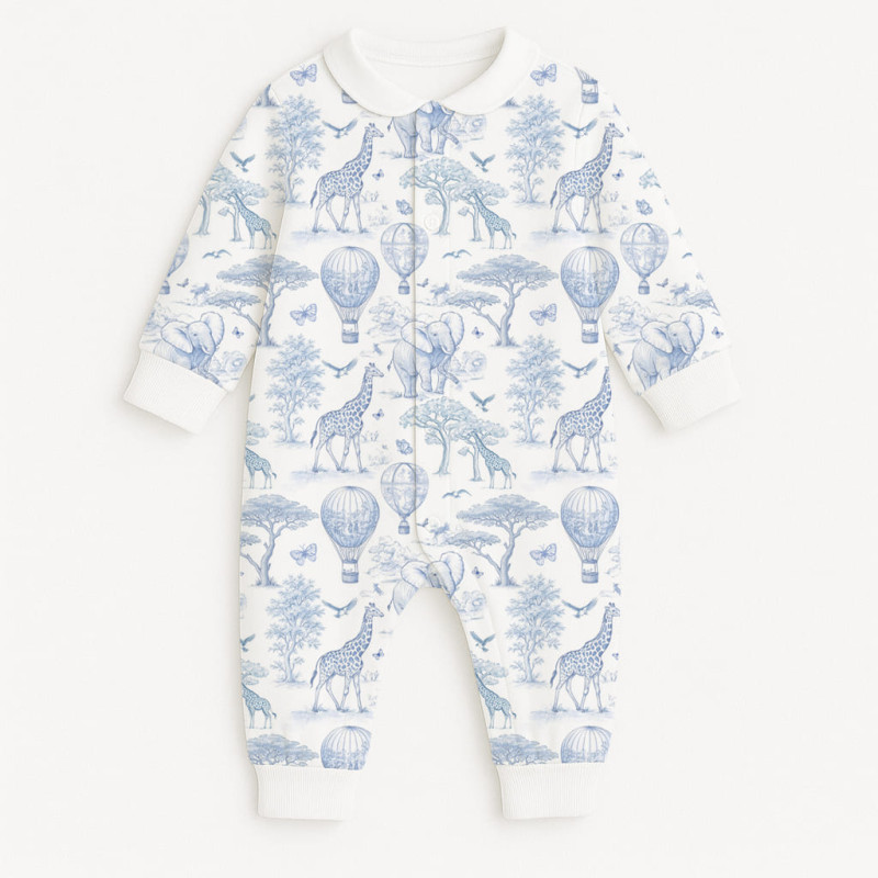 Long sleeve Romper for baby  with collar K060CL BLUE TOILE AFRICA