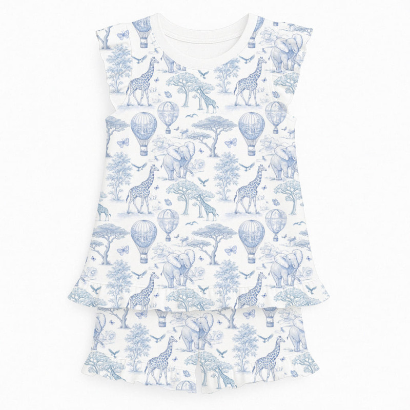 Short Supima Cotton Pyjamas with Ruffles – PJ007 BLUE TOILE AFRICA Short Supima Cotton Pyjamas with Ruffles – PJ007 BLUE TOILE AFRICA