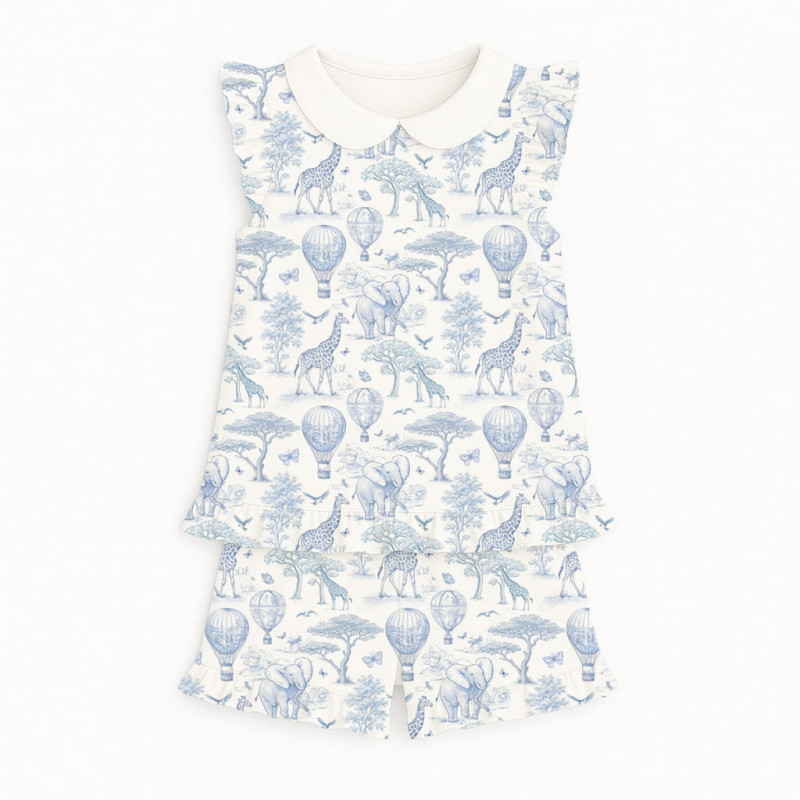 Short Supima Cotton Pyjamas with Ruffles and Collar– PJ007CL BLUE TOILE AFRICA Short Supima Cotton Pyjamas with Ruffles and Collar– PJ007CL BLUE TOILE AFRICA