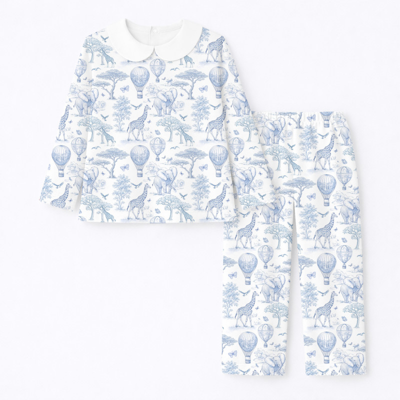 Pyjama long sleeve with collar 100% organic pima Cotton PJ020 BLUE TOILE AFRICA Pyjama long sleeve with collar 100% organic pima Cotton PJ020 BLUE TOILE AFRICA