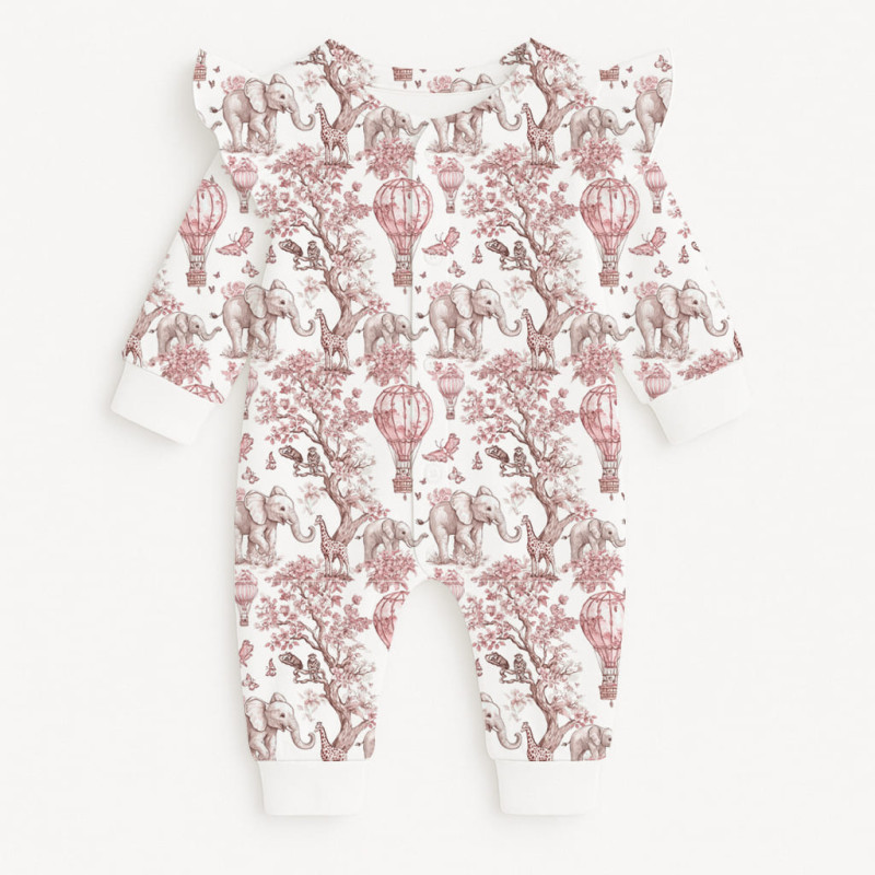Long sleeve Romper for baby with ruffles K070 Pink Toile Africa Long sleeve Romper for baby with ruffles K070 Pink Toile Africa