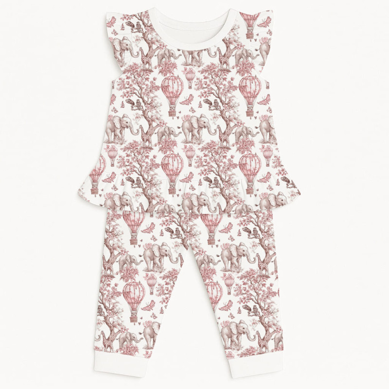 Хлопковая пижама для девочек с рюшами из хлопка Supima – PJ012 Pink Toile Africa Хлопковая пижама для девочек с рюшами из хлопка Supima – PJ012 Pink Toile Africa