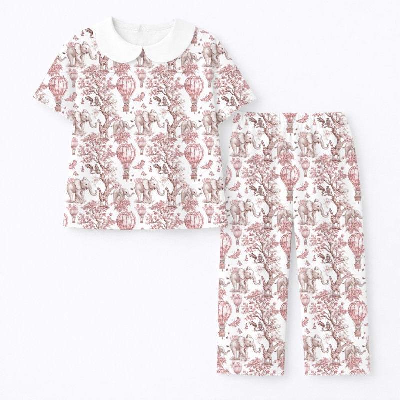 Luxury Pajama Set with Collar, Short Sleeve 100% Pima Cotton  PJ021 · Pink Toile Africa