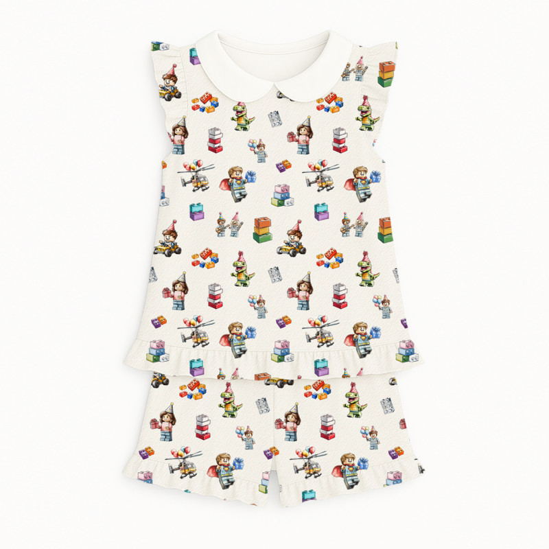 Short Supima Cotton Pyjamas with Ruffles and Collar– PJ007CL BLOCK PARTY