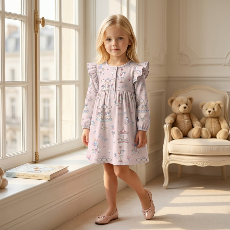 Charming Long-Sleeved Night Dress with Ruffles DR016 Bonbon Pink