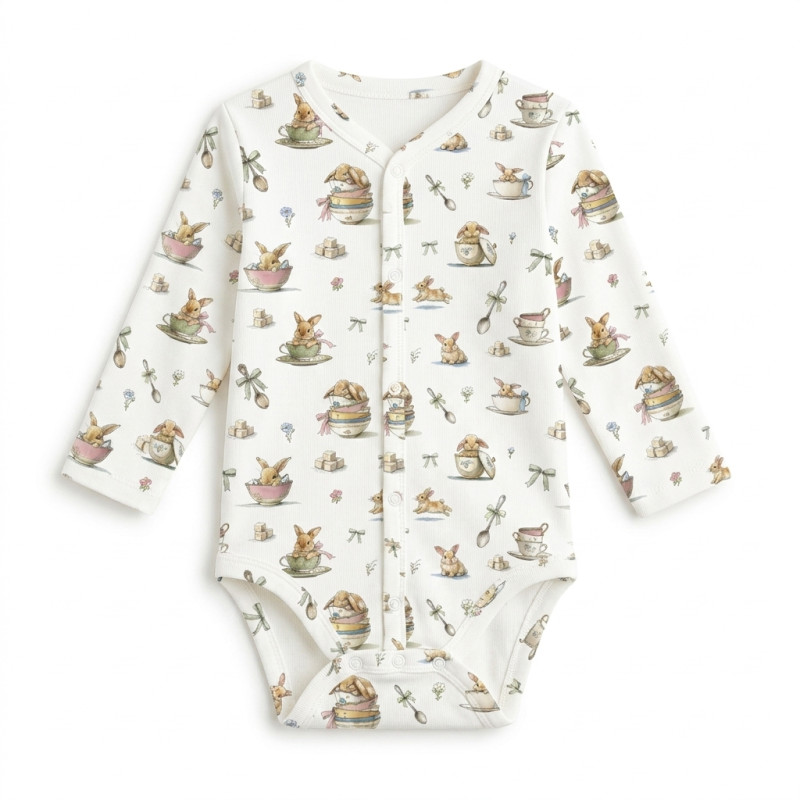 Printed Long-Sleeve Front Fastening Bodyvest for Babies BLS005 BUNNY TEA Printed Long-Sleeve Front Fastening Bodyvest for Babies BLS005 BUNNY TEA