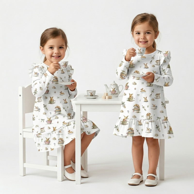 Charming Long-Sleeved Night Dress with Ruffles DR010 BUNNY TEA Charming Long-Sleeved Night Dress with Ruffles DR010 BUNNY TEA