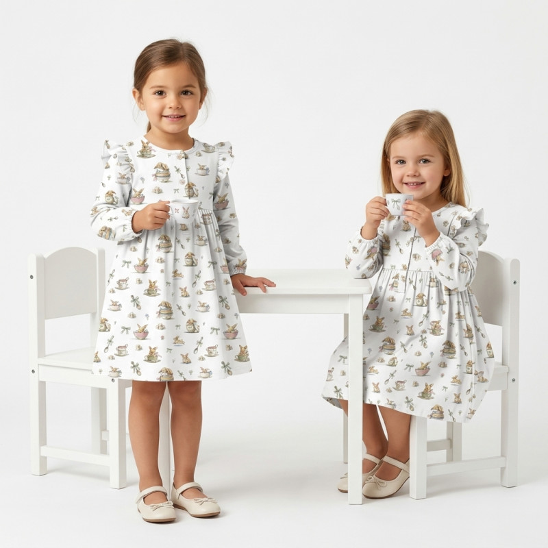 Charming Long-Sleeved Night Dress with Ruffles DR016 BUNNY TEA