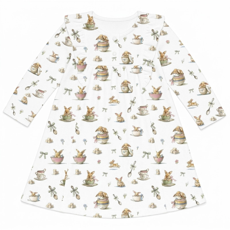 Charming Long-Sleeved Night Dress with Ruffles DR017 BUNNY TEA Charming Long-Sleeved Night Dress with Ruffles DR017 BUNNY TEA