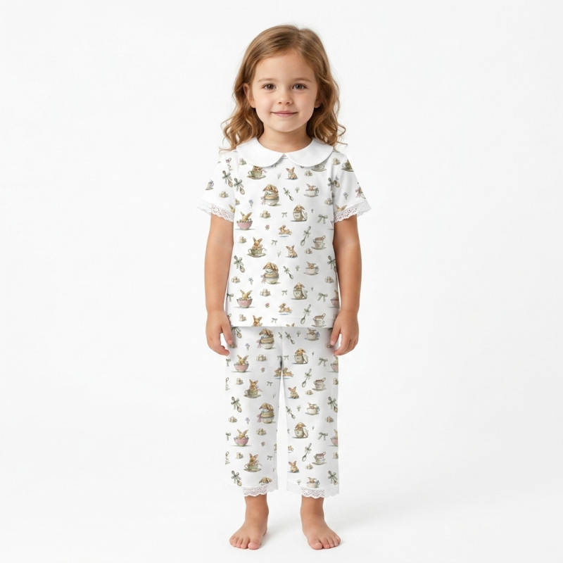 Luxury Pajama Set with Collar, Short Sleeve 100% Pima Cotton  PJ021 · BUNNY TEA