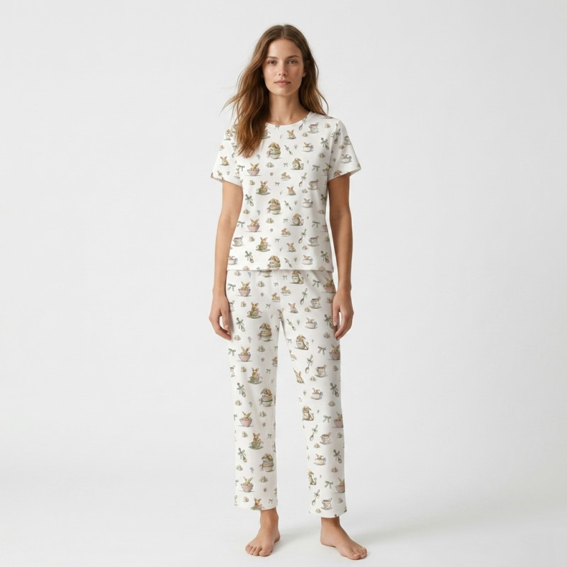 Elegant Set with Short-Sleeve T-Shirt and Straight-Leg Pants  100% Supima Cottons PW104  BUNNY TEA+C939:V940