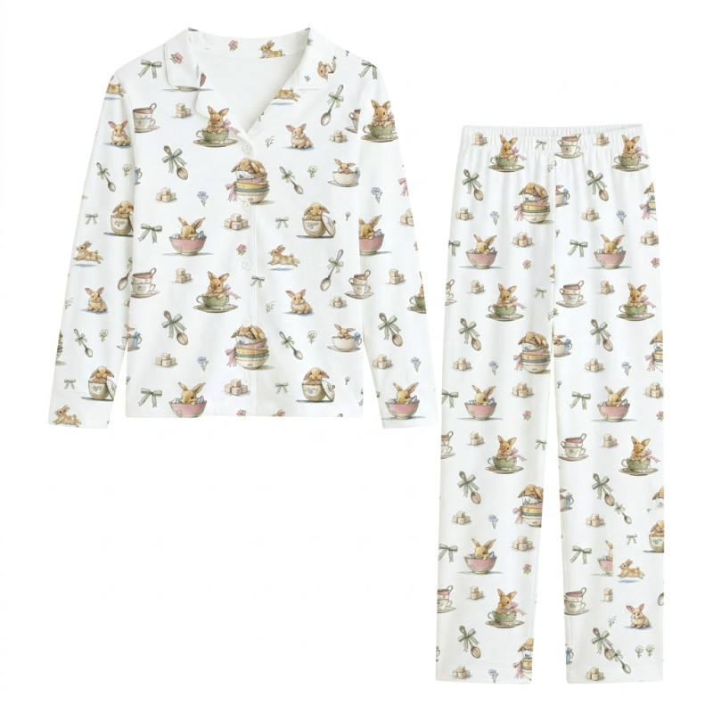 Women’s Classic Pajama Set with classic English collar and front-button design BUNNY TEAqa PW122