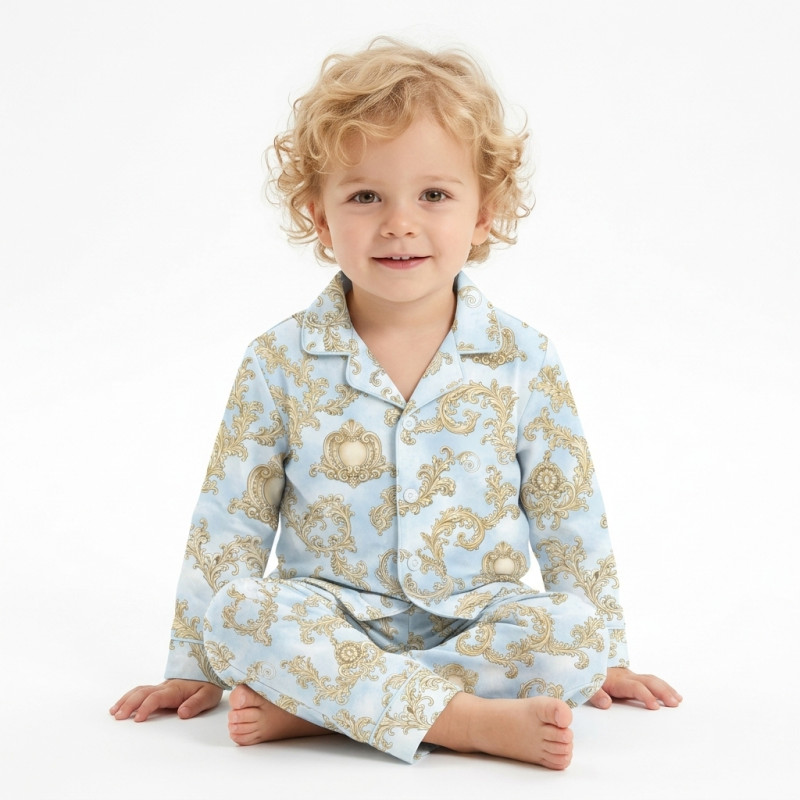 Luxury Children’s Pajama Set with English Collar – Organic Pima Cotton PJ022 ROYAL BLUSH BLUE