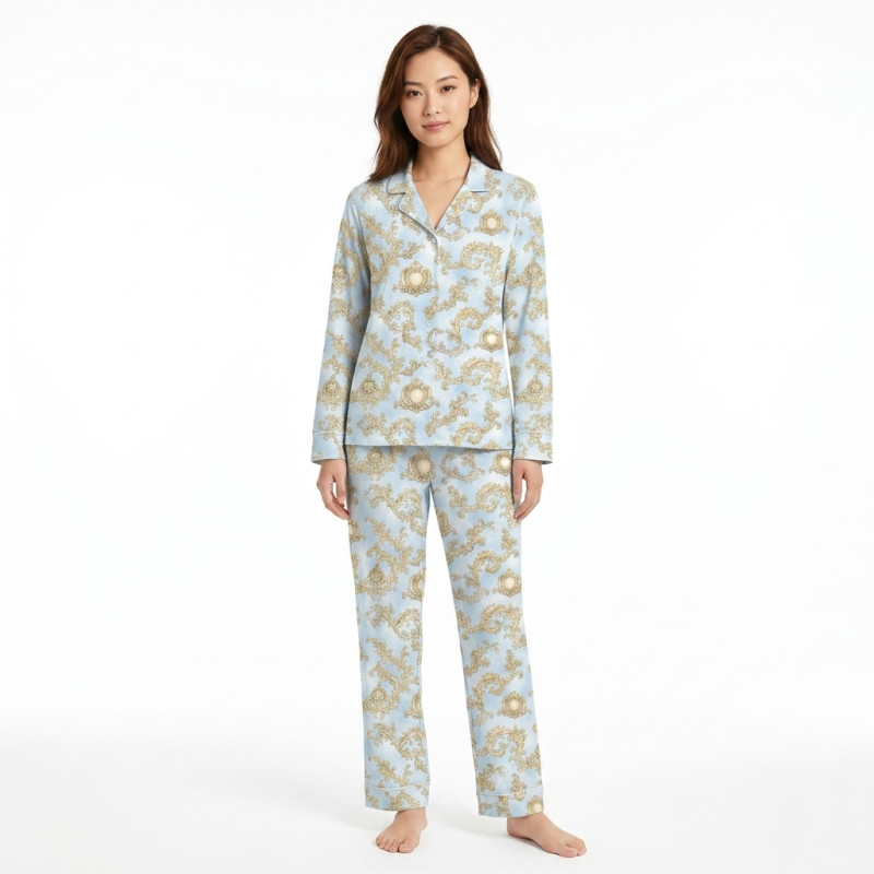Women’s Classic Pajama Set with classic English collar and front-button design ROYAL BLUSH BLUEqa PW122