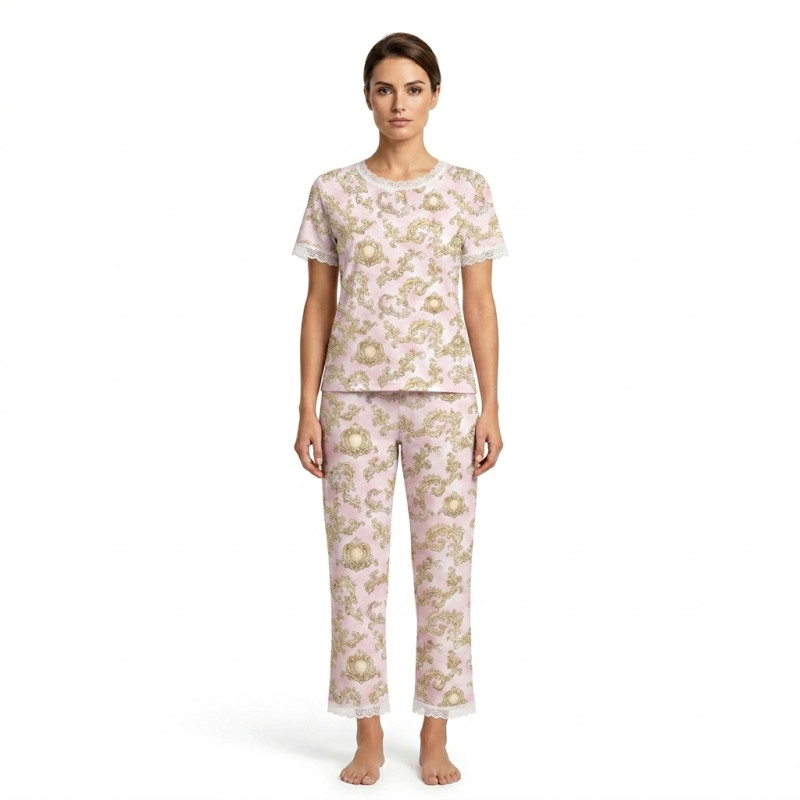 Elegant Set with Short-Sleeve T-Shirt and Straight-Leg Pants  100% Supima Cottons PW104  ROYAL BLUSH PINK+C939:V940