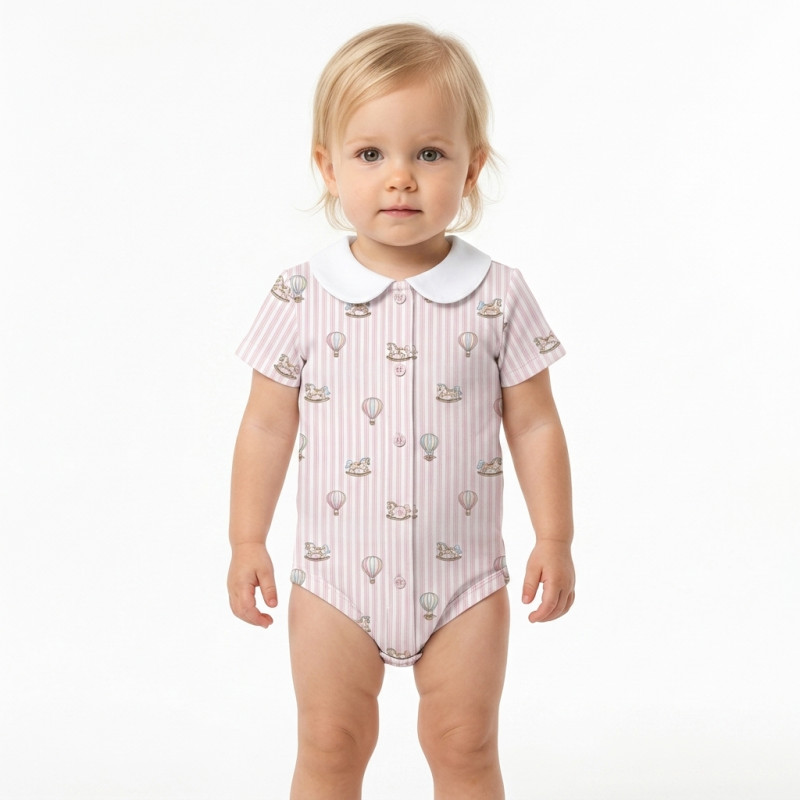 Printed Short-Sleeve Front Fastening Bodyvest with Collar for Babies BSHL009CL VELVET PINK Printed Short-Sleeve Front Fastening Bodyvest with Collar for Babies BSHL009CL VELVET PINK