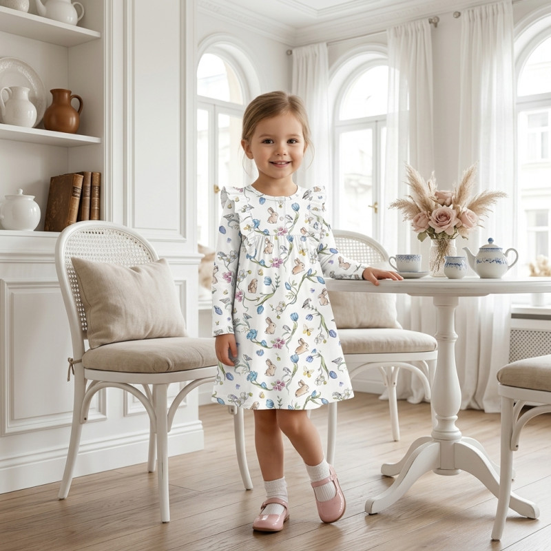Charming Long-Sleeved Night Dress with Ruffles DR017 BLOSSOM BLUE Charming Long-Sleeved Night Dress with Ruffles DR017 BLOSSOM BLUE