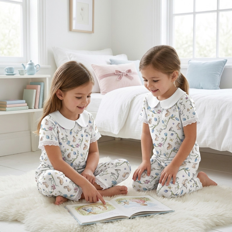 Luxury Pajama Set with Collar, Short Sleeve 100% Pima Cotton  PJ021 · BLOSSOM BLUE