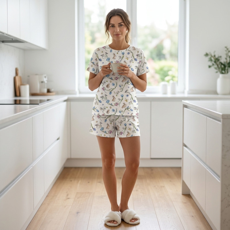 Adult Pyjama PW105 – Luxury Pima Cotton, Short Sleeve Top & Long Shorts PW105 BLOSSOM BLUE