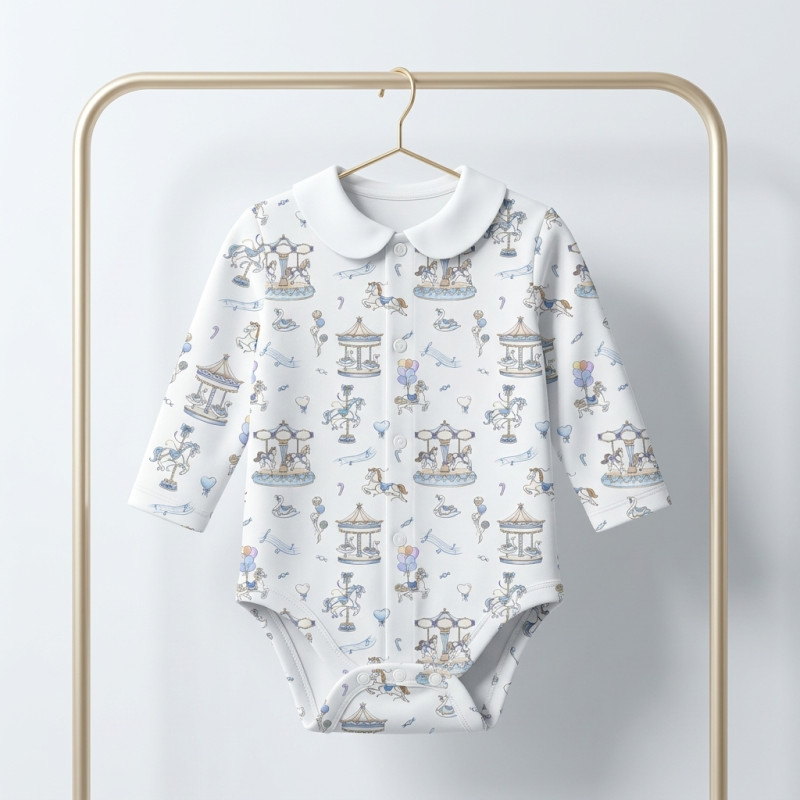 Printed Long-Sleeve Front Fastening Bodyvest with Collarf for Babies BLS005CL Bonbon Blue Printed Long-Sleeve Front Fastening Bodyvest with Collarf for Babies BLS005CL Bonbon Blue