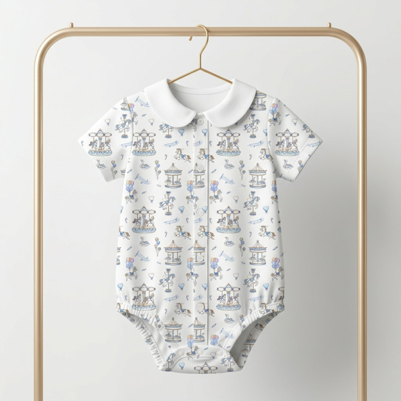 Printed Short-Sleeve Front Fastening Bodyvest with Collar for Babies BSHL009CL  Bonbon Blue