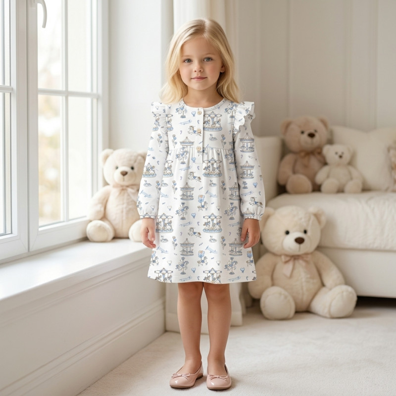 Charming Long-Sleeved Night Dress with Ruffles DR016 Bonbon Blue Charming Long-Sleeved Night Dress with Ruffles DR016 Bonbon Blue